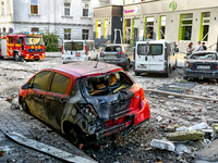 A fire-stricken car is in the street in the Zaliznychnyi district after the Russian missile attack in Lviv, Ukraine, on September 4, 2024. I...