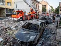 Destroyed cars are in the street in the Zaliznychnyi district after the Russian missile attack in Lviv, Ukraine, on September 4, 2024. In th...