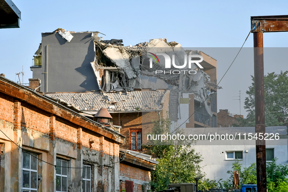 A residential building is damaged by a Russian missile attack in the Zaliznychnyi district in Lviv, Ukraine, on September 4, 2024. In the ea...