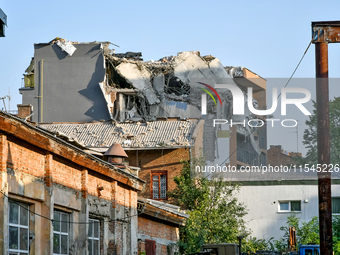 A residential building is damaged by a Russian missile attack in the Zaliznychnyi district in Lviv, Ukraine, on September 4, 2024. In the ea...