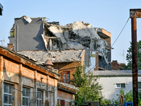 A residential building is damaged by a Russian missile attack in the Zaliznychnyi district in Lviv, Ukraine, on September 4, 2024. In the ea...