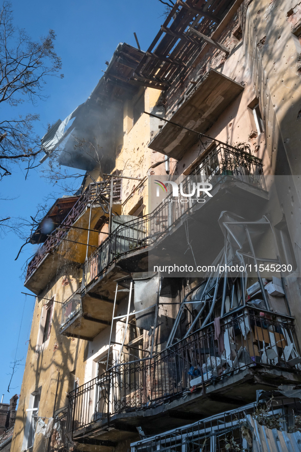 A residential building is damaged by a Russian missile attack in the Zaliznychnyi district in Lviv, Ukraine, on September 4, 2024. In the ea...