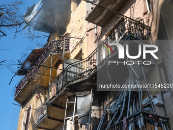 A residential building is damaged by a Russian missile attack in the Zaliznychnyi district in Lviv, Ukraine, on September 4, 2024. In the ea...