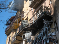 A residential building is damaged by a Russian missile attack in the Zaliznychnyi district in Lviv, Ukraine, on September 4, 2024. In the ea...