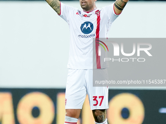 Andrea Petagna of AC Monza gestures during the Serie A Enilive match between ACF Fiorentina and AC Monza at Stadio Artemio Franchi on Septem...