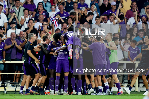 Robin Gosens of ACF Fiorentina celebrates after scoring second goal during the Serie A Enilive match between ACF Fiorentina and AC Monza at...