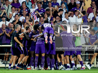 Robin Gosens of ACF Fiorentina celebrates after scoring second goal during the Serie A Enilive match between ACF Fiorentina and AC Monza at...