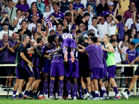 Robin Gosens of ACF Fiorentina celebrates after scoring second goal during the Serie A Enilive match between ACF Fiorentina and AC Monza at...