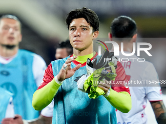 Semuel Pizzignacco of AC Monza gestures during the Serie A Enilive match between ACF Fiorentina and AC Monza at Stadio Artemio Franchi on Se...