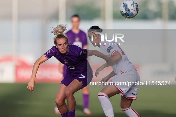 Maxime Bennink (L) of Anderlecht is in action during the UEFA Women's Champions League First qualifying round, Semi-finals CP-Group 4 soccer...