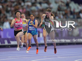 Danielle Aitchison of New Zealand celebrates winning silver in Women's 100m - T36 Final during the Paris 2024 Paralympic Games at Stade de F...