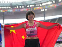 Yiting Shi of People's Republic of China celebrates winning gold in Women's 100m - T36 Final during the Paris 2024 Paralympic Games at Stade...