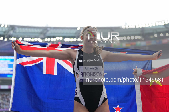 Danielle Aitchison of New Zealand celebrates winning silver in Women's 100m - T36 Final during the Paris 2024 Paralympic Games at Stade de F...