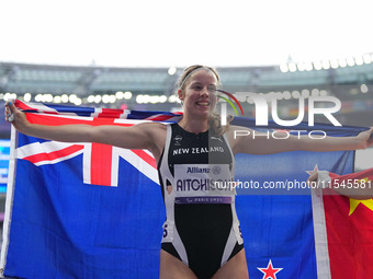 Danielle Aitchison of New Zealand celebrates winning silver in Women's 100m - T36 Final during the Paris 2024 Paralympic Games at Stade de F...