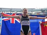 Danielle Aitchison of New Zealand celebrates winning silver in Women's 100m - T36 Final during the Paris 2024 Paralympic Games at Stade de F...