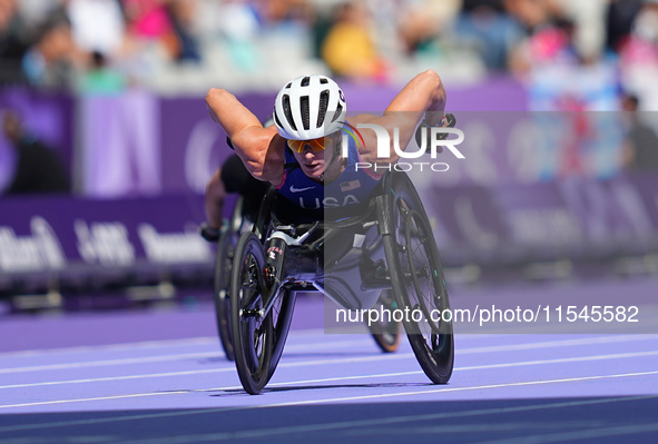 Hannah Dederick of United States of America in action in Women's 100m - T54 Final during the Paris 2024 Paralympic Games at Stade de France...