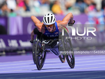 Hannah Dederick of United States of America in action in Women's 100m - T54 Final during the Paris 2024 Paralympic Games at Stade de France...