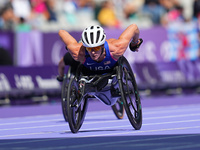 Hannah Dederick of United States of America in action in Women's 100m - T54 Final during the Paris 2024 Paralympic Games at Stade de France...