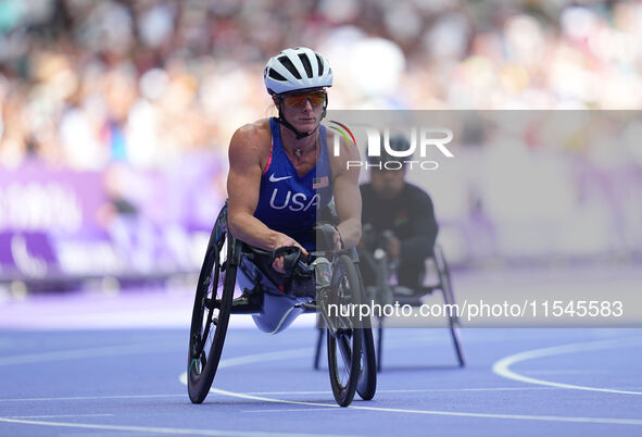 Hannah Dederick of United States of America in action in Women's 100m - T54 Final during the Paris 2024 Paralympic Games at Stade de France...