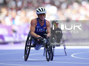 Hannah Dederick of United States of America in action in Women's 100m - T54 Final during the Paris 2024 Paralympic Games at Stade de France...