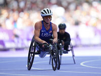 Hannah Dederick of United States of America in action in Women's 100m - T54 Final during the Paris 2024 Paralympic Games at Stade de France...