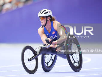 Hannah Dederick of United States of America in action in Women's 100m - T54 Final during the Paris 2024 Paralympic Games at Stade de France...