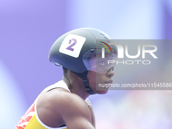 Lea Bayekula of Belgium in action in Women's 100m - T54 Final during the Paris 2024 Paralympic Games at Stade de France on September 4, 2024...