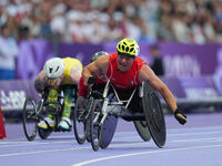 Juan Pablo Cervantes Garcia of Mexico celebrates winning gold in Men's 100m - T54 Final during the Paris 2024 Paralympic Games at Stade de F...