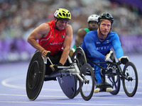 Juan Pablo Cervantes Garcia of Mexico celebrates winning gold in Men's 100m - T54 Final during the Paris 2024 Paralympic Games at Stade de F...