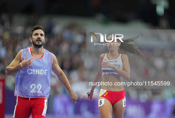 Nagore Folgado Garcia of Spain in action in Women's 100m - T12 Round 1 during the Paris 2024 Paralympic Games at Stade de France on Septembe...