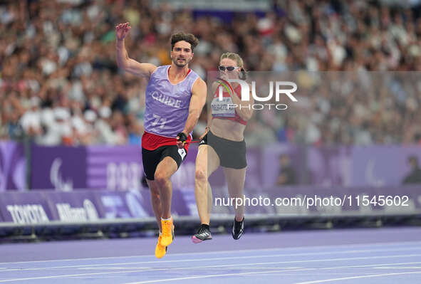 Katrin Mueller-Rottgardt of Germany in action in Women's 100m - T12 Round 1 during the Paris 2024 Paralympic Games at Stade de France on Sep...