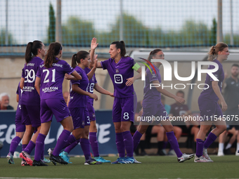 Women soccer players of Anderlecht celebrate scoring the 3-0 goal during the UEFA Women's Champions League First qualifying round, Semi-fina...