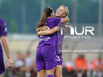 Luna Vanzeir (R) of Anderlecht celebrates scoring the 4-0 goal with teammate Stefania Vatafu (L) during the UEFA Women's Champions League Fi...