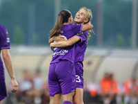 Luna Vanzeir (R) of Anderlecht celebrates scoring the 4-0 goal with teammate Stefania Vatafu (L) during the UEFA Women's Champions League Fi...