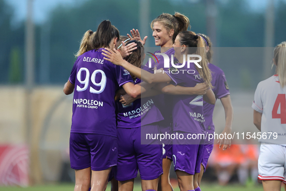 Luna Vanzeir (center back) of Anderlecht celebrates scoring the 4-0 goal with teammates during the UEFA Women's Champions League First quali...