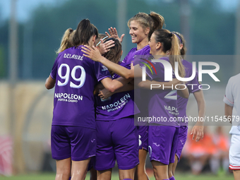 Luna Vanzeir (center back) of Anderlecht celebrates scoring the 4-0 goal with teammates during the UEFA Women's Champions League First quali...