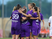 Luna Vanzeir (center back) of Anderlecht celebrates scoring the 4-0 goal with teammates during the UEFA Women's Champions League First quali...