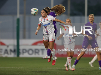 Nina Cavic of Crvena Zvezda heads the ball during the UEFA Women's Champions League First qualifying round, Semi-finals CP-Group 4 soccer ma...