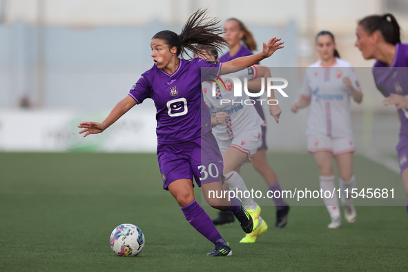 Luna Vanzeir (front) of Anderlecht is in action during the UEFA Women's Champions League First qualifying round, Semi-finals CP-Group 4 socc...