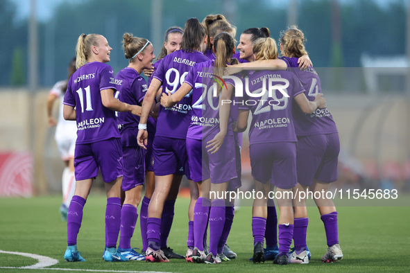 Luna Vanzeir (center back mostly hidden) of Anderlecht celebrates scoring the 4-0 goal with teammates during the UEFA Women's Champions Leag...