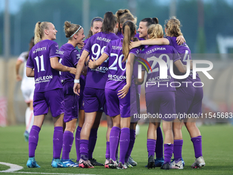 Luna Vanzeir (center back mostly hidden) of Anderlecht celebrates scoring the 4-0 goal with teammates during the UEFA Women's Champions Leag...