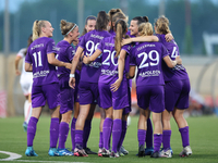 Luna Vanzeir (center back mostly hidden) of Anderlecht celebrates scoring the 4-0 goal with teammates during the UEFA Women's Champions Leag...