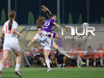 Laurie Teinturier (top right) of Anderlecht heads the ball during the UEFA Women's Champions League First qualifying round, Semi-finals CP-G...