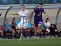 Tijana Djordevic (L) of Crvena Zvezda competes for the ball with Amelie Delabre (R) of Anderlecht during the UEFA Women's Champions League F...