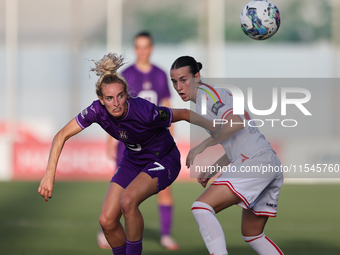 Maxime Bennink (L) of Anderlecht is in action during the UEFA Women's Champions League First qualifying round, Semi-finals CP-Group 4 soccer...