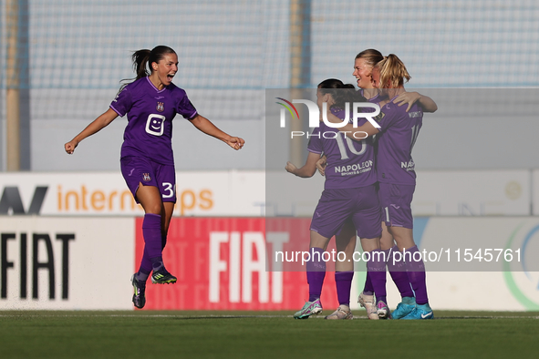 Stefania Vatafu (3rd R) of Anderlecht celebrates scoring the 1-0 goal with teammates during the UEFA Women's Champions League First qualifyi...