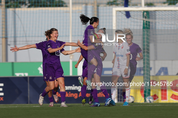 Stefania Vatafu (3rd R) of Anderlecht celebrates scoring the 1-0 goal with teammates during the UEFA Women's Champions League First qualifyi...