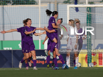 Stefania Vatafu (3rd R) of Anderlecht celebrates scoring the 1-0 goal with teammates during the UEFA Women's Champions League First qualifyi...