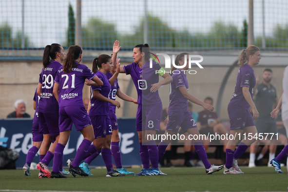 Women soccer players of Anderlecht celebrate scoring the 3-0 goal during the UEFA Women's Champions League First qualifying round, Semi-fina...