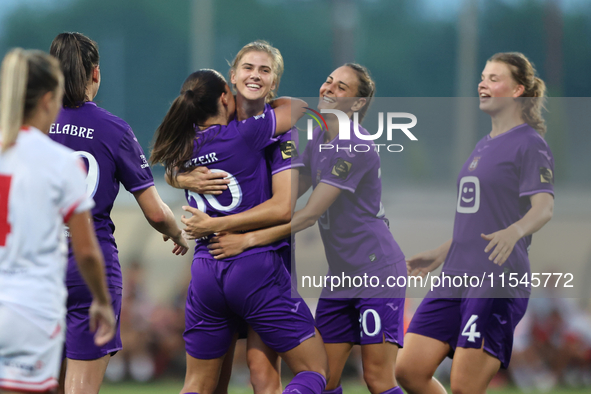 Luna Vanzeir of Anderlecht celebrates scoring the 4-0 goal with teammate Stefania Vatafu during the UEFA Women's Champions League First qual...